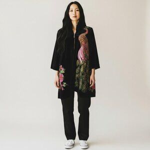 Vicky and Lukas Swing Coat Velvet Heavily Embroidered Peacock Floral Large